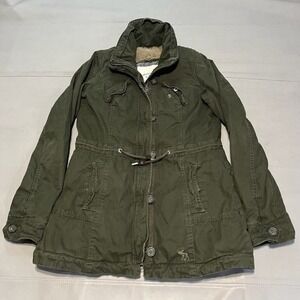 VTG Abercrombie & Fitch Women Olive Military Barn Field Fur Line Jacket‎ Coat-S-